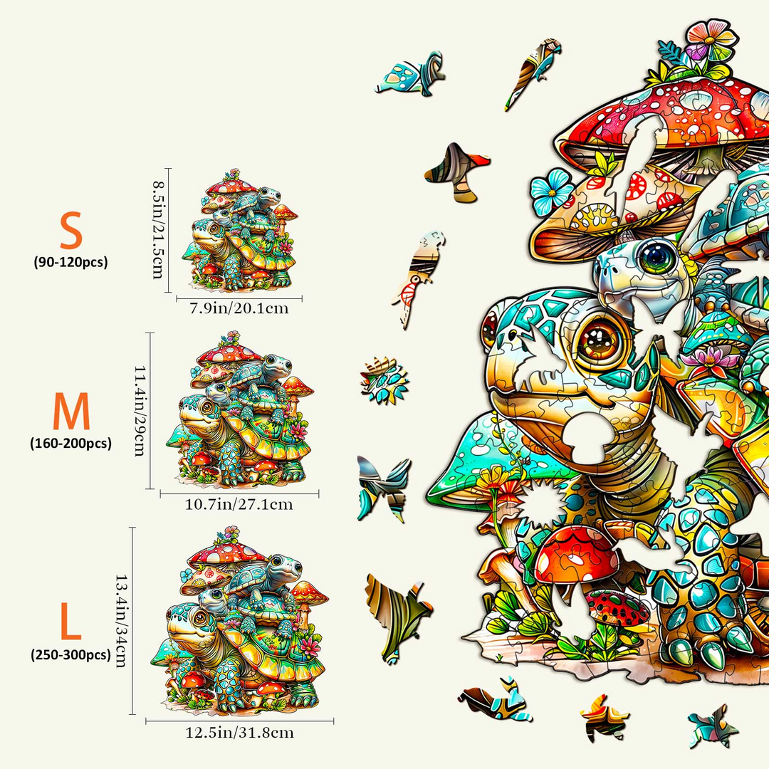 Colorful wooden jigsaw puzzle sizes for kids and adults, featuring a turtle and mushrooms design.