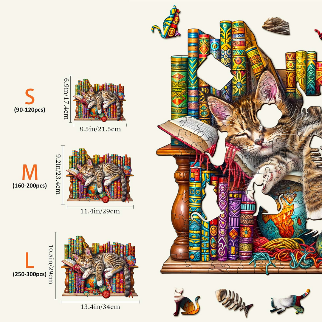 Dreamy Cat-Li Wooden Jigsaw Puzzle size guide with colorful book background and playful cats across four puzzle sizes.