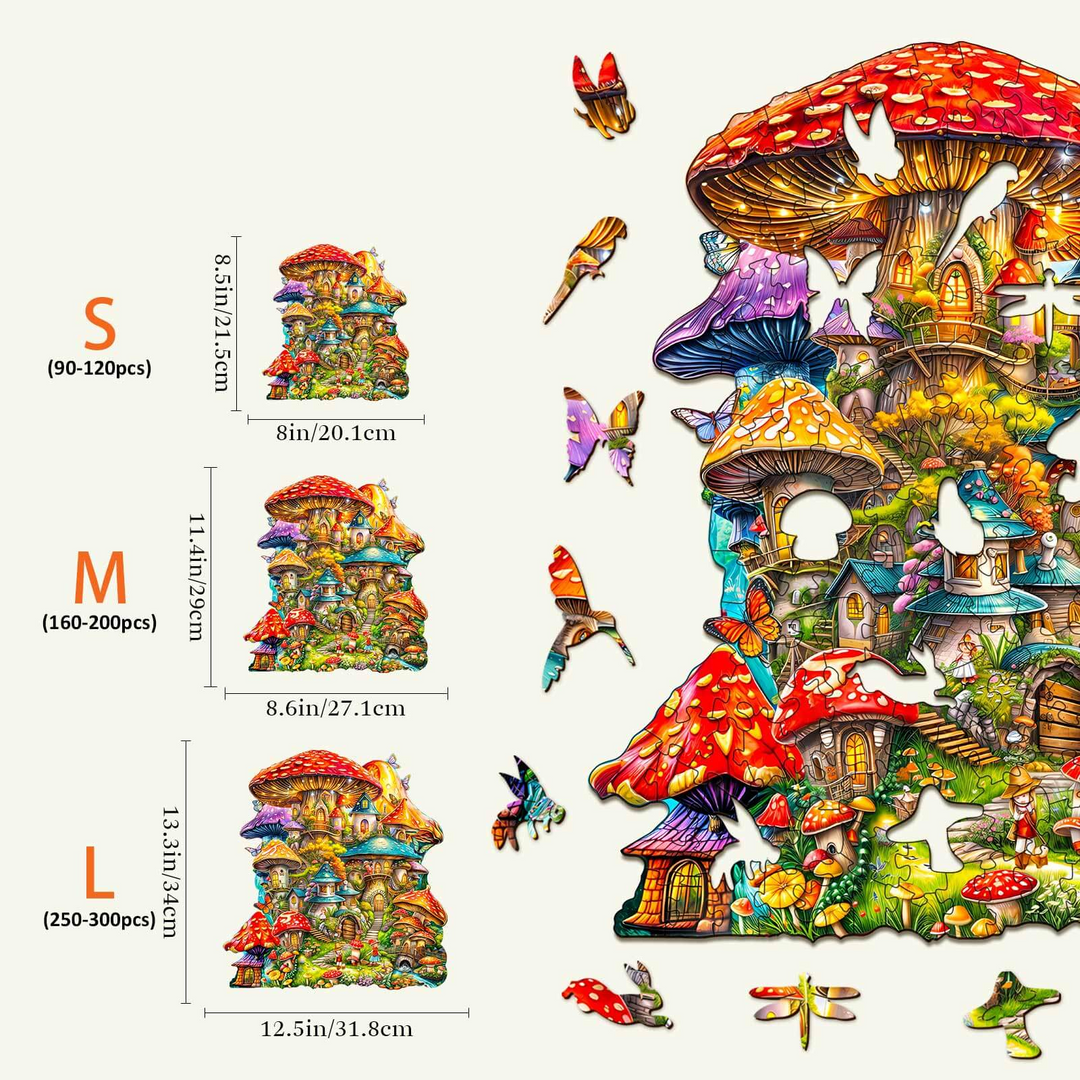 Mushroom House wooden jigsaw puzzle sizes: kids, S, M, and L; colorful mushrooms and whimsical design for family fun.