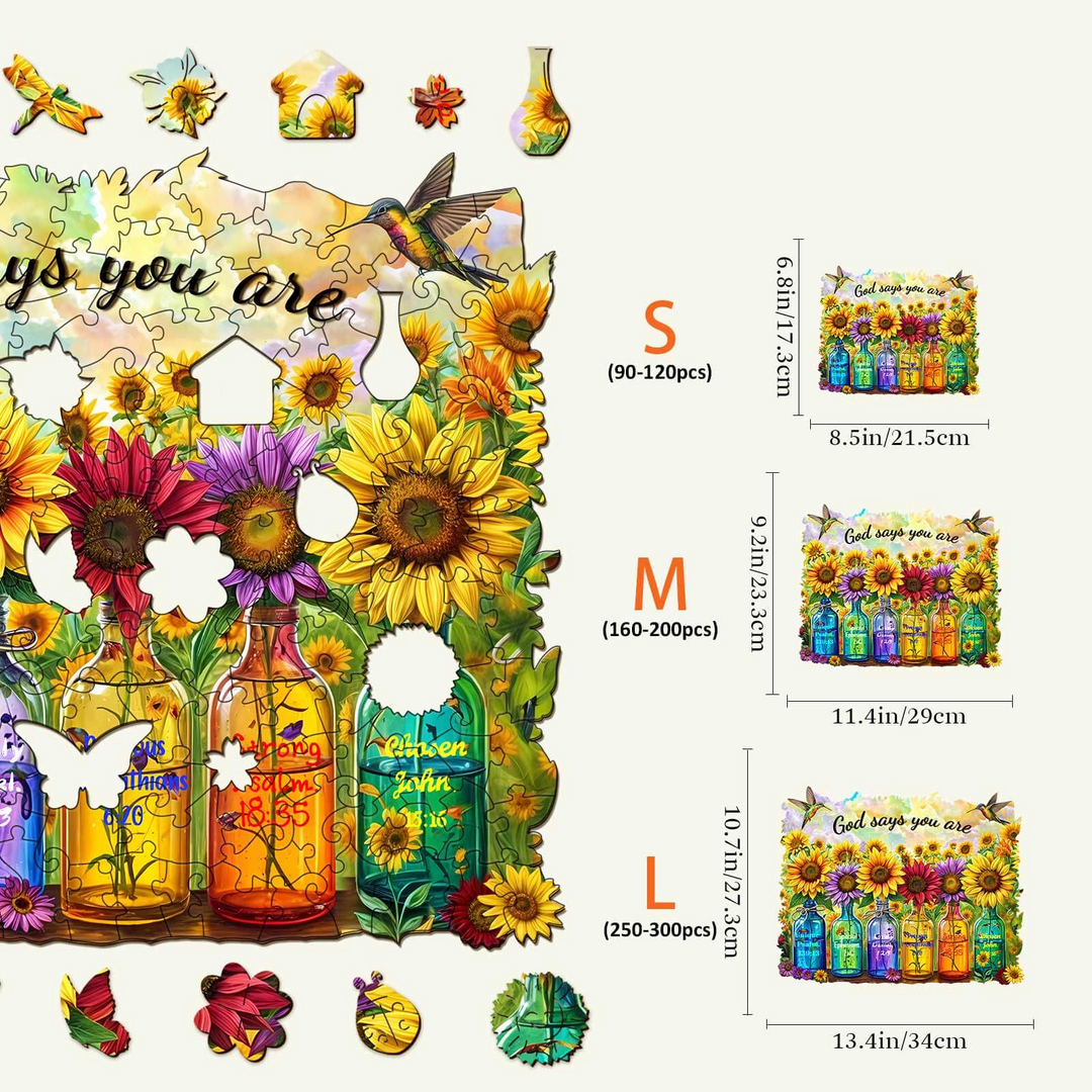 Colorful God Says You Are wooden jigsaw puzzle featuring sunflowers, vases, and different size options for ages.