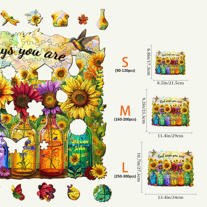 Colorful God Says You Are wooden jigsaw puzzle featuring sunflowers, vases, and different size options for ages.