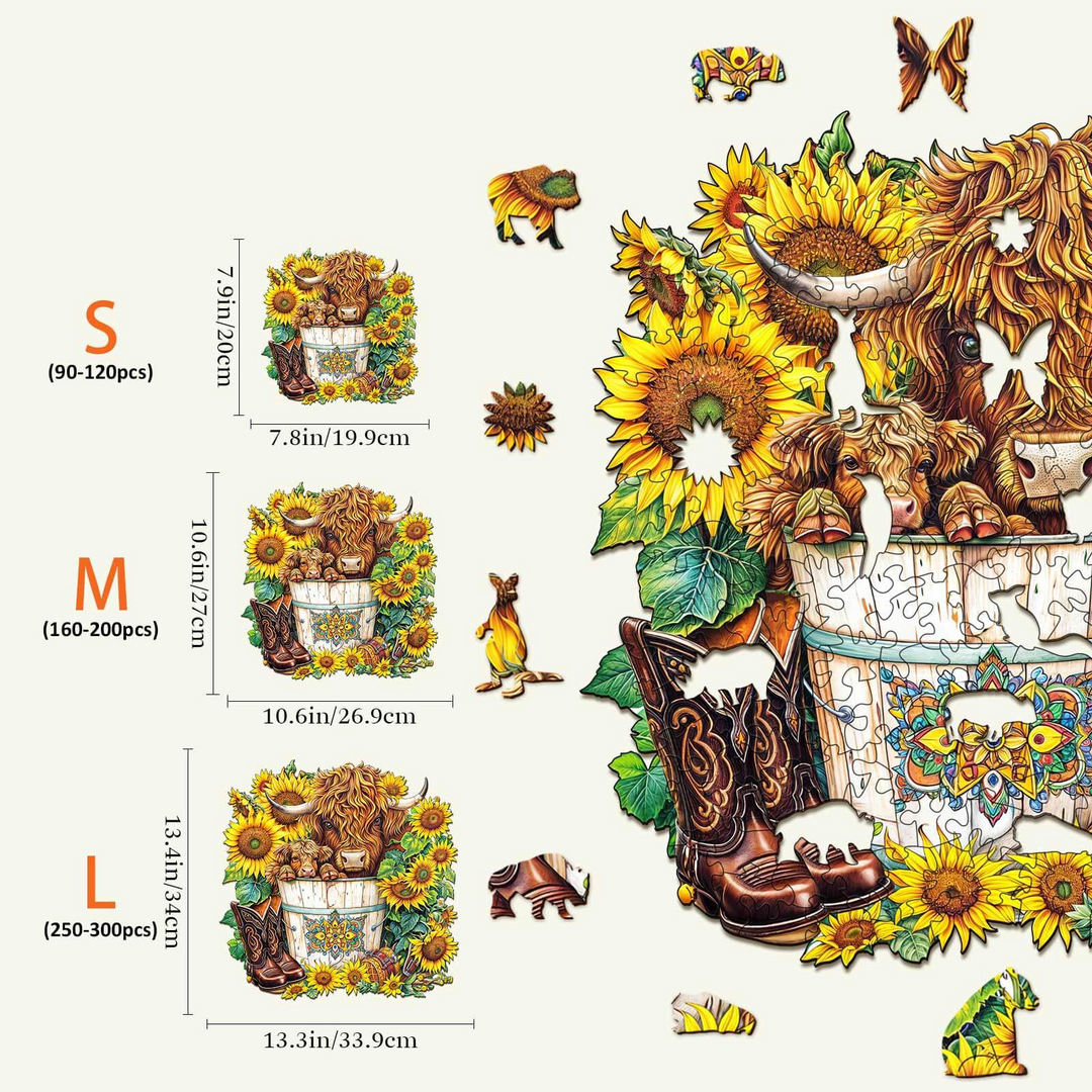 Colorful Sunflower Pasture Wooden Jigsaw Puzzle sizes S, M, L, showcasing beautiful sunflower designs and decorative pieces.