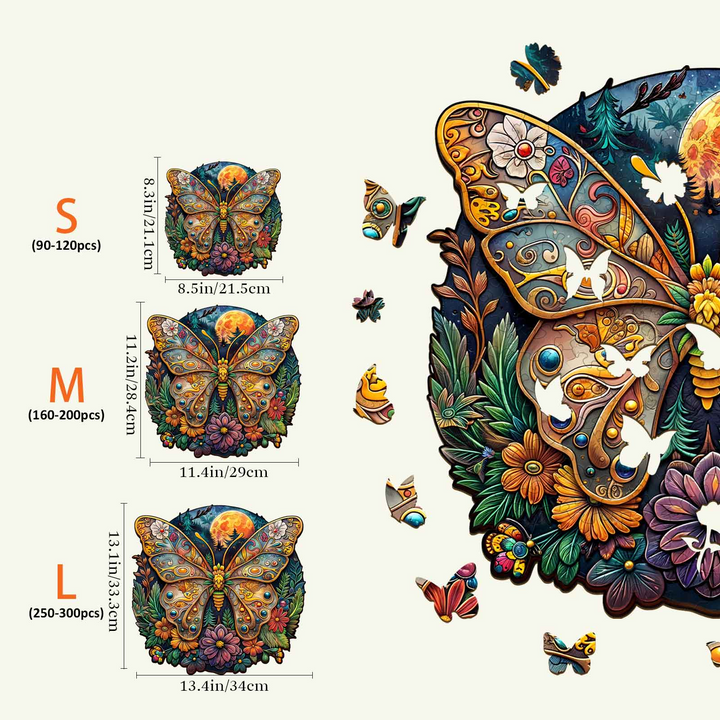 Colorful Ancient Butterfly-1 wooden jigsaw puzzle sizes for kids and adults, showcasing unique designs and piece counts.