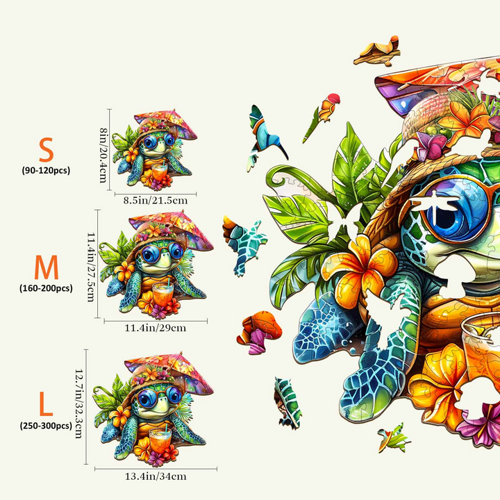 Beach Turtle Wooden Jigsaw Puzzle sizes: Kids, S, M, and L with dimensions and colorful design.