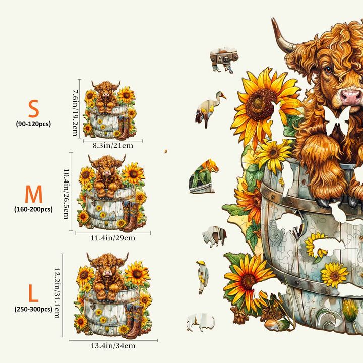 Colorful Sunflower Pasture-2 Wooden Jigsaw Puzzle sizes S, M, and L with cheerful cow and sunflower design.