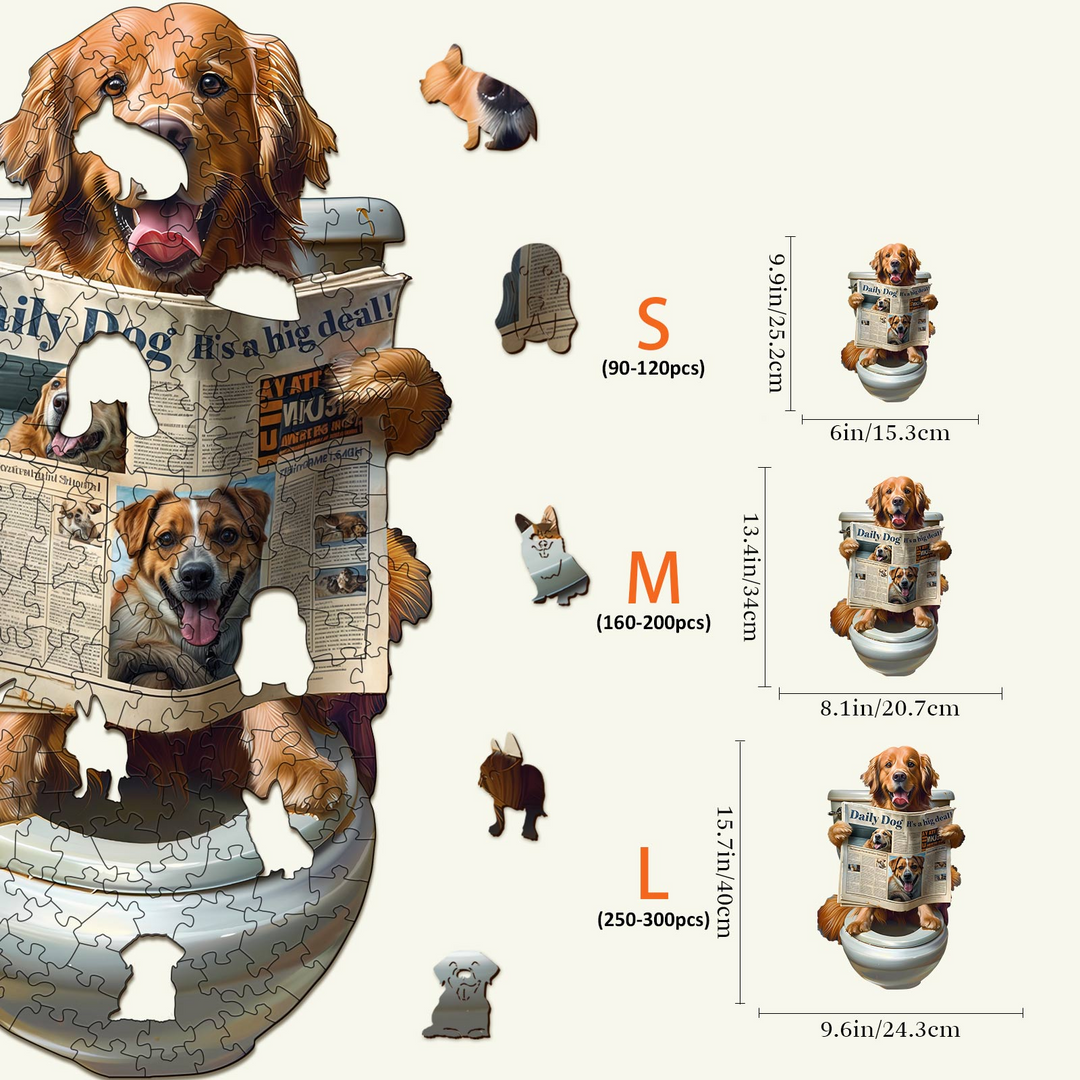 Leisure Time wooden jigsaw puzzle featuring a dog reading a newspaper, with size options for kids and adults.
