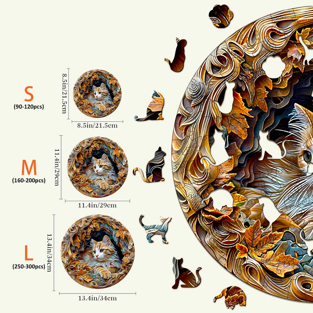 3D Cat Wooden Jigsaw Puzzle sizes for kids and adults; detailed puzzle pieces with cat and leaf designs.
