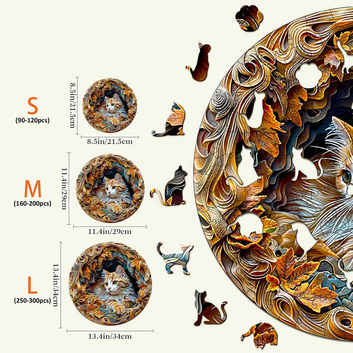 3D Cat Wooden Jigsaw Puzzle sizes for kids and adults; detailed puzzle pieces with cat and leaf designs.