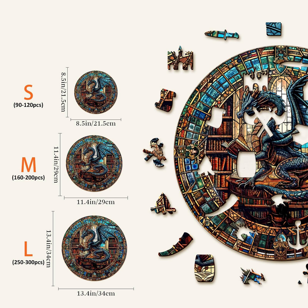 Image showing sizes of The Dragon's Library Wooden Jigsaw Puzzle with pieces for kids, S, M, and L sizes, featuring a dragon and library.
