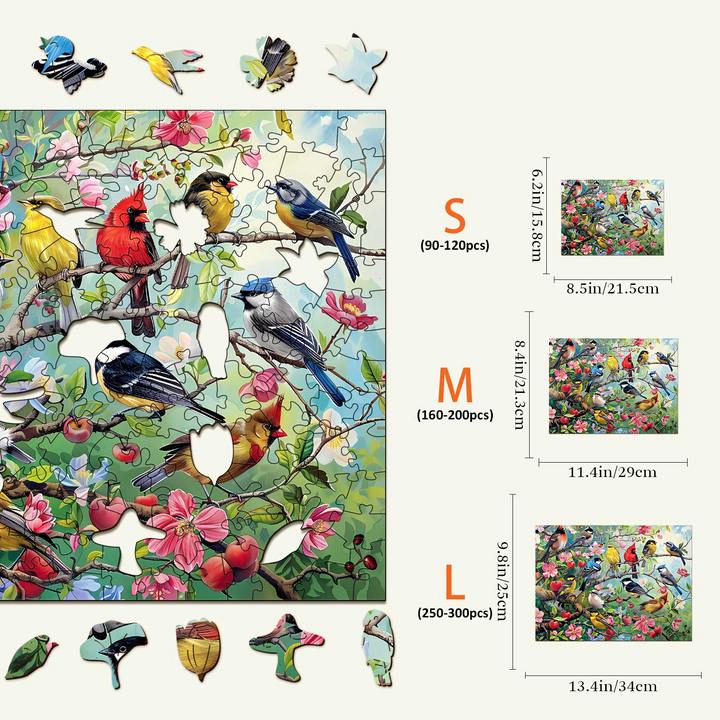 Colorful Birds in the Orchard Wooden Jigsaw Puzzle with size options for kids and adults, enhancing focus and fun.