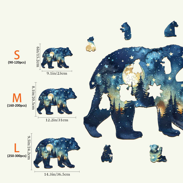 Astral Bear Wooden Jigsaw Puzzle sizes and piece counts for kids and adults, showcasing detailed bear design and starry theme.