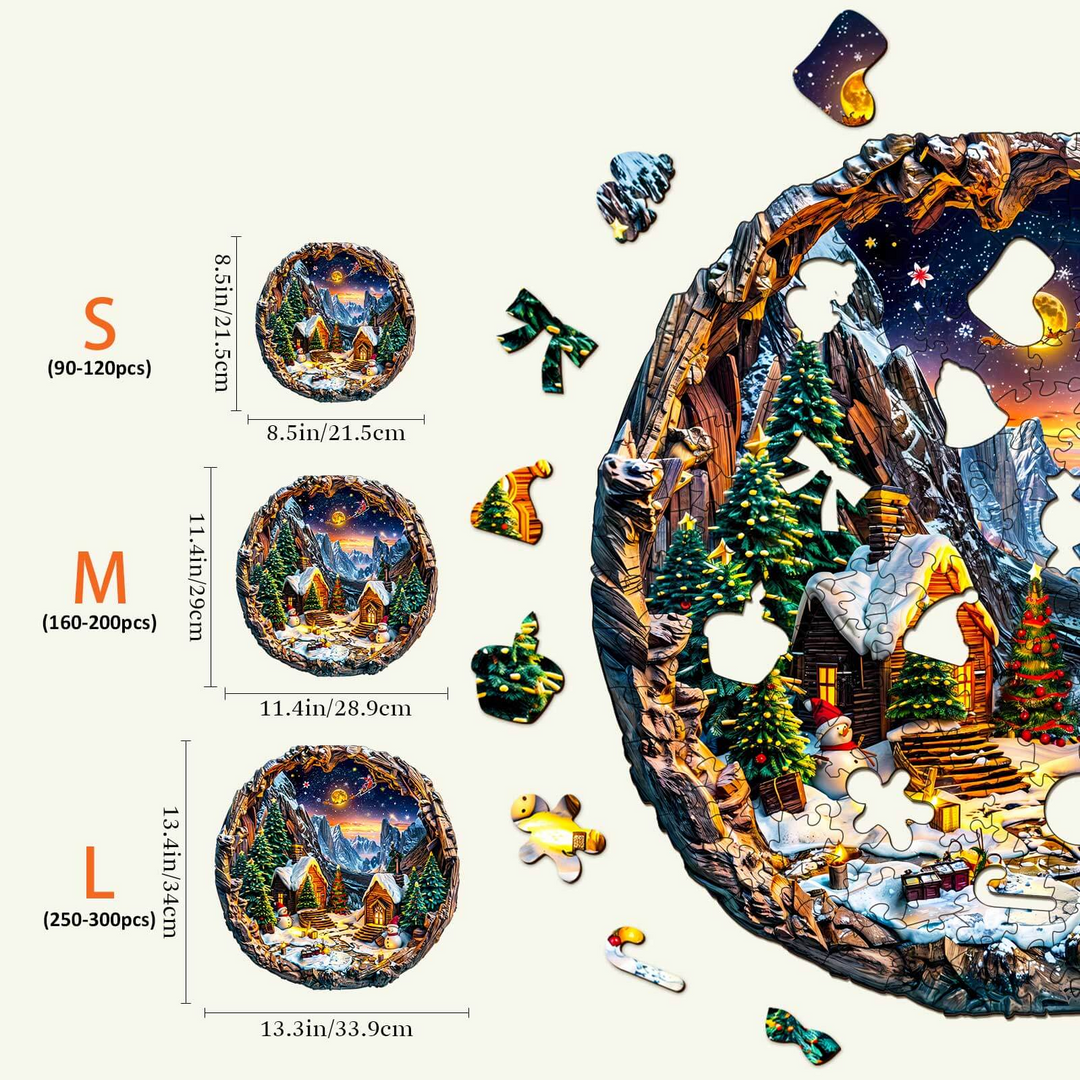 Size comparison chart for 3D Christmas Eve wooden jigsaw puzzle, featuring dimensions for kids, small, medium, and large options.