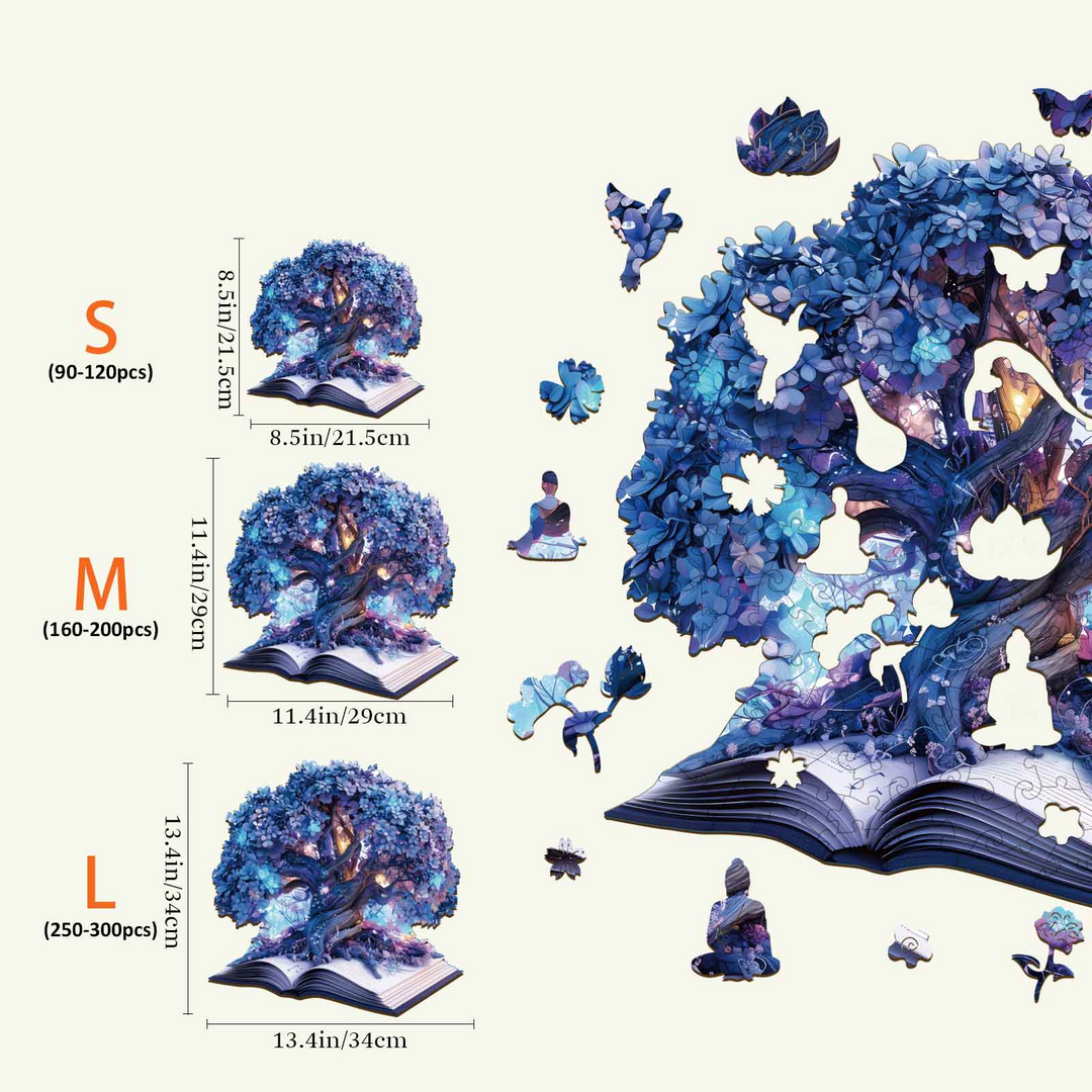Magic Book Wooden Jigsaw Puzzle sizes and pieces chart, showcasing Kids, S, M, and L options with colorful tree illustration.