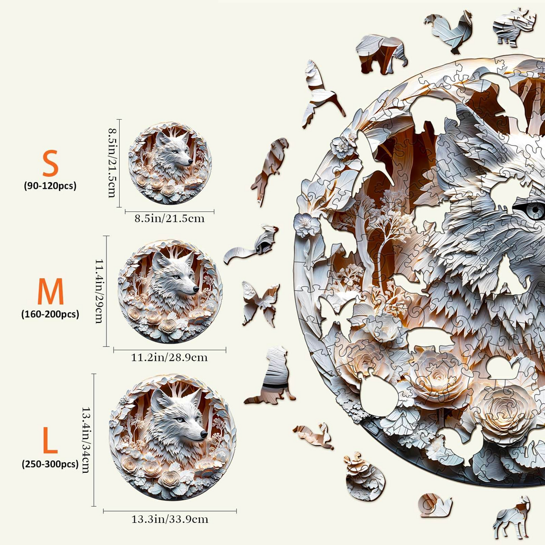 Sizes of 3D Wolf-1 Wooden Jigsaw Puzzle: Kids, S, M, and L with piece counts and dimensions displayed.