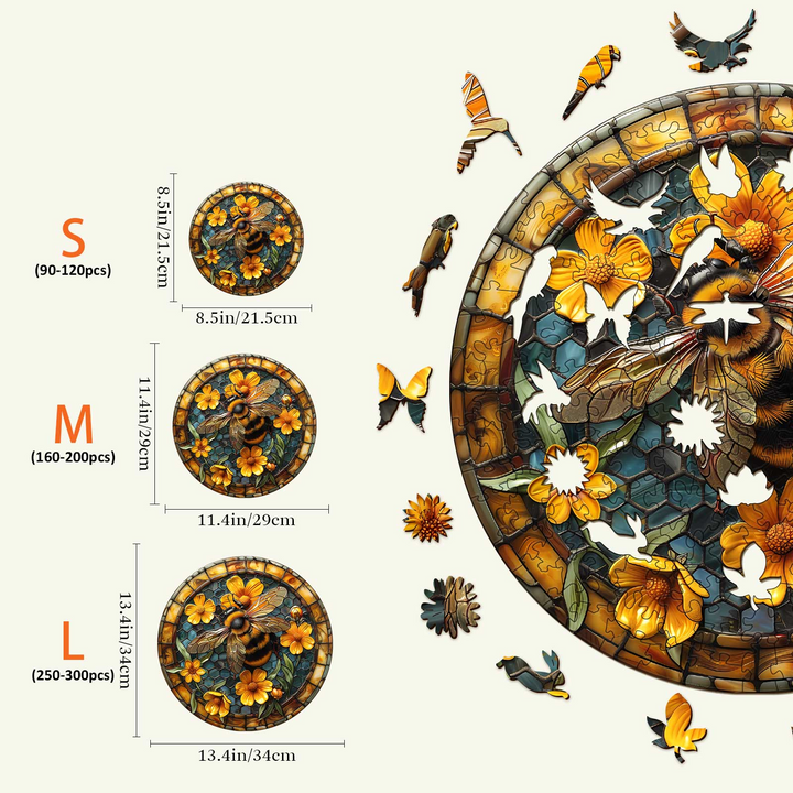 Leisurely Bee wooden jigsaw puzzle sizes comparison chart with dimensions for kids, S, M, and L categories.