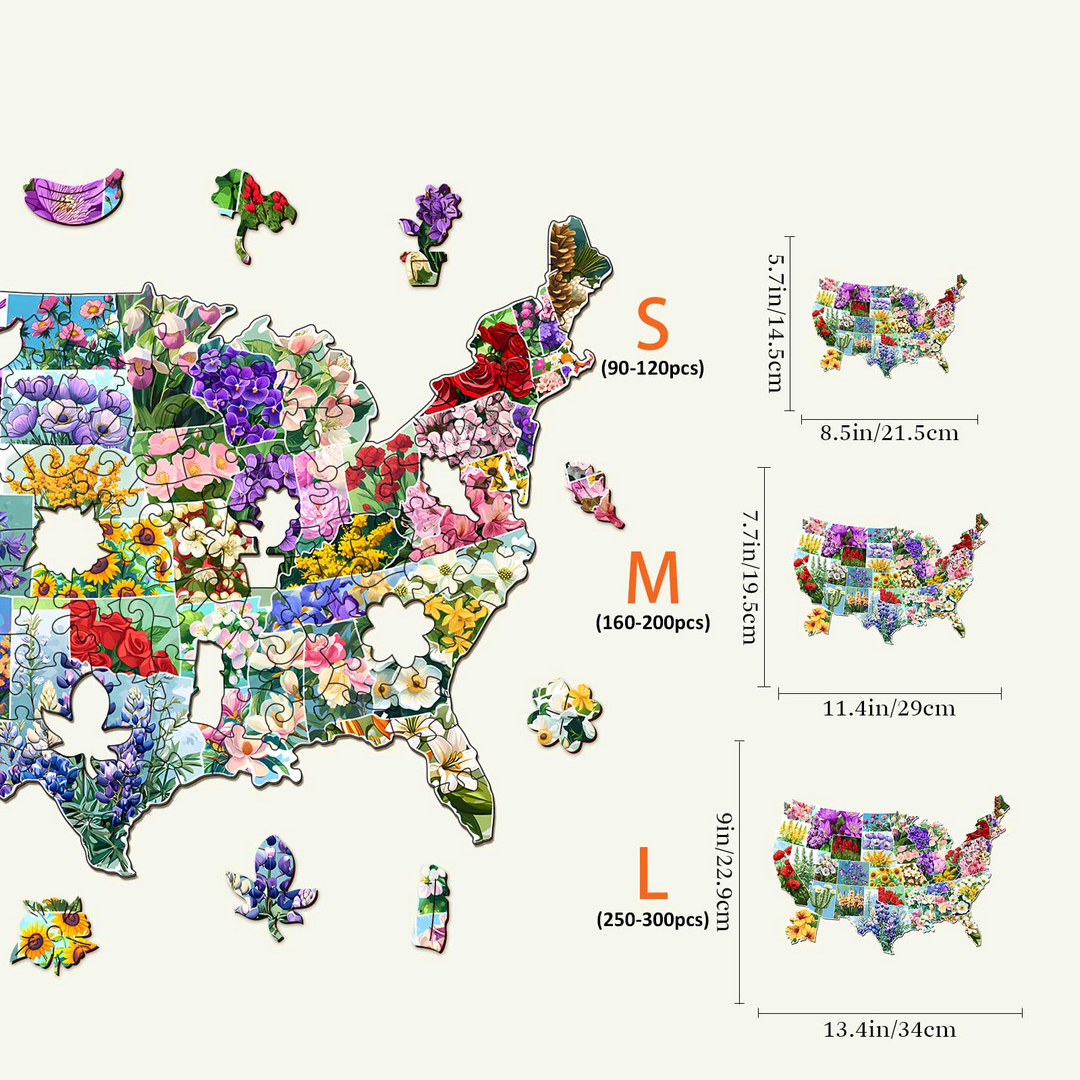 USA State Flowers Wooden Jigsaw Puzzle sizes: Kids, S, M, and L dimensions with colorful floral designs.
