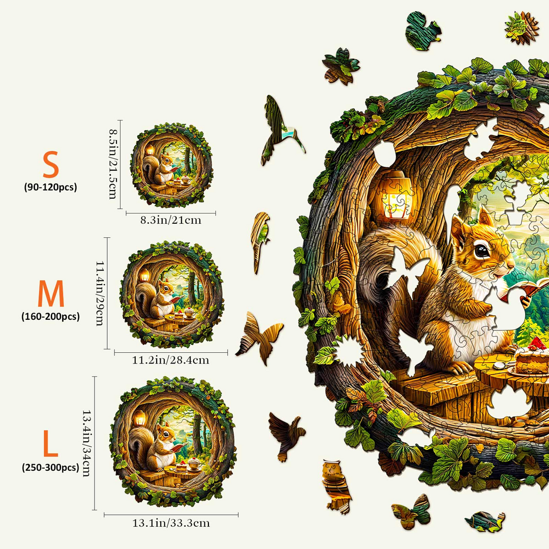 3D Squirrel in The Cave-1 puzzle sizes for kids and adults, showcasing wooden jigsaw puzzle pieces and designs.