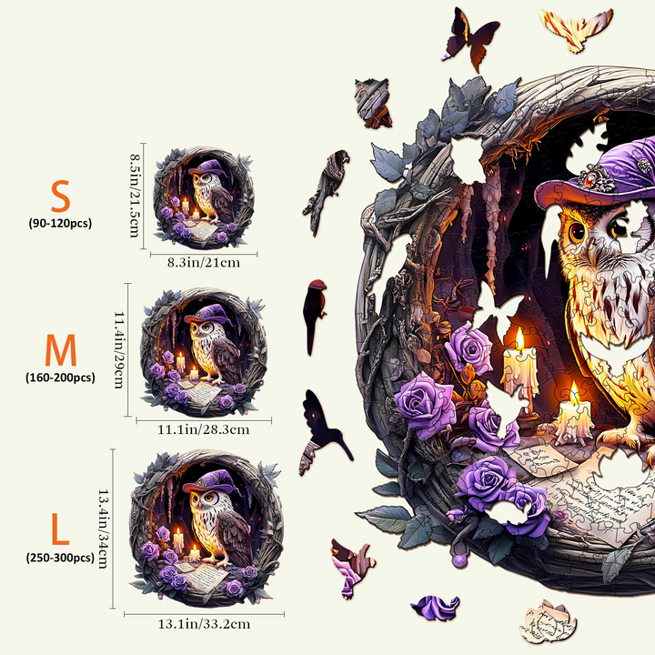 3D Witch Owl Wooden Jigsaw Puzzle sizes and piece counts, promoting cognitive skills and focus.