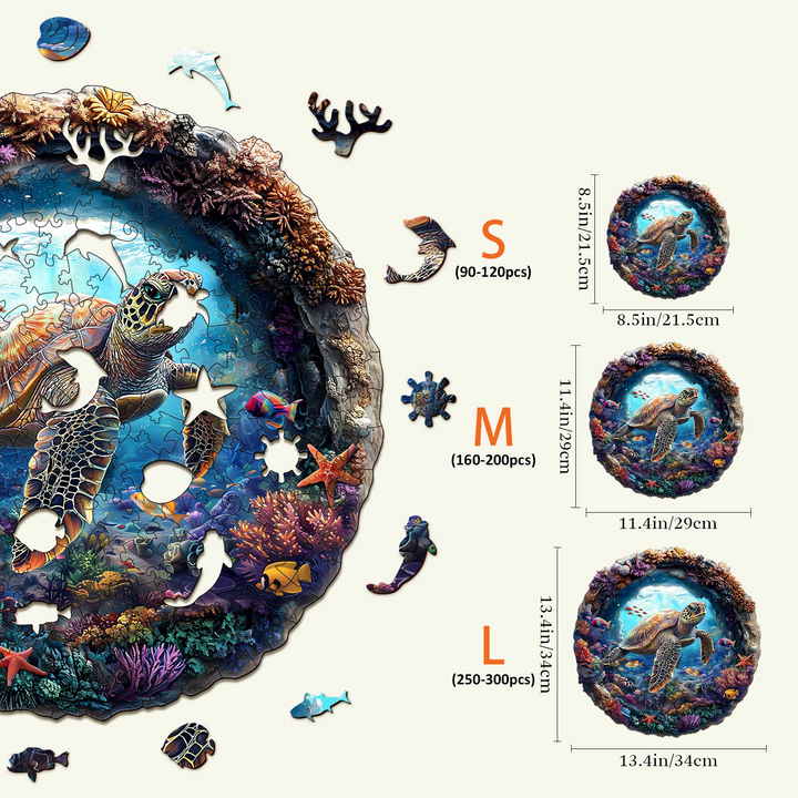3D Turtle Wooden Jigsaw Puzzle showing puzzle pieces sizes for Kids, S, M, and L with detailed coral reef background.