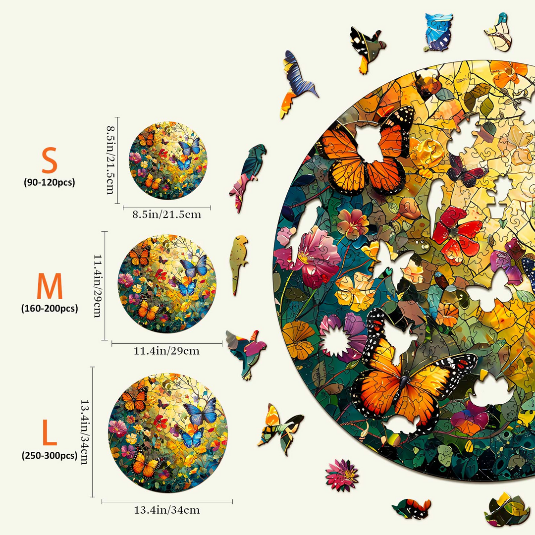 Butterflies and Flowers Wooden Jigsaw Puzzle sizes for Kids, Small, Medium, and Large with colorful butterfly designs.