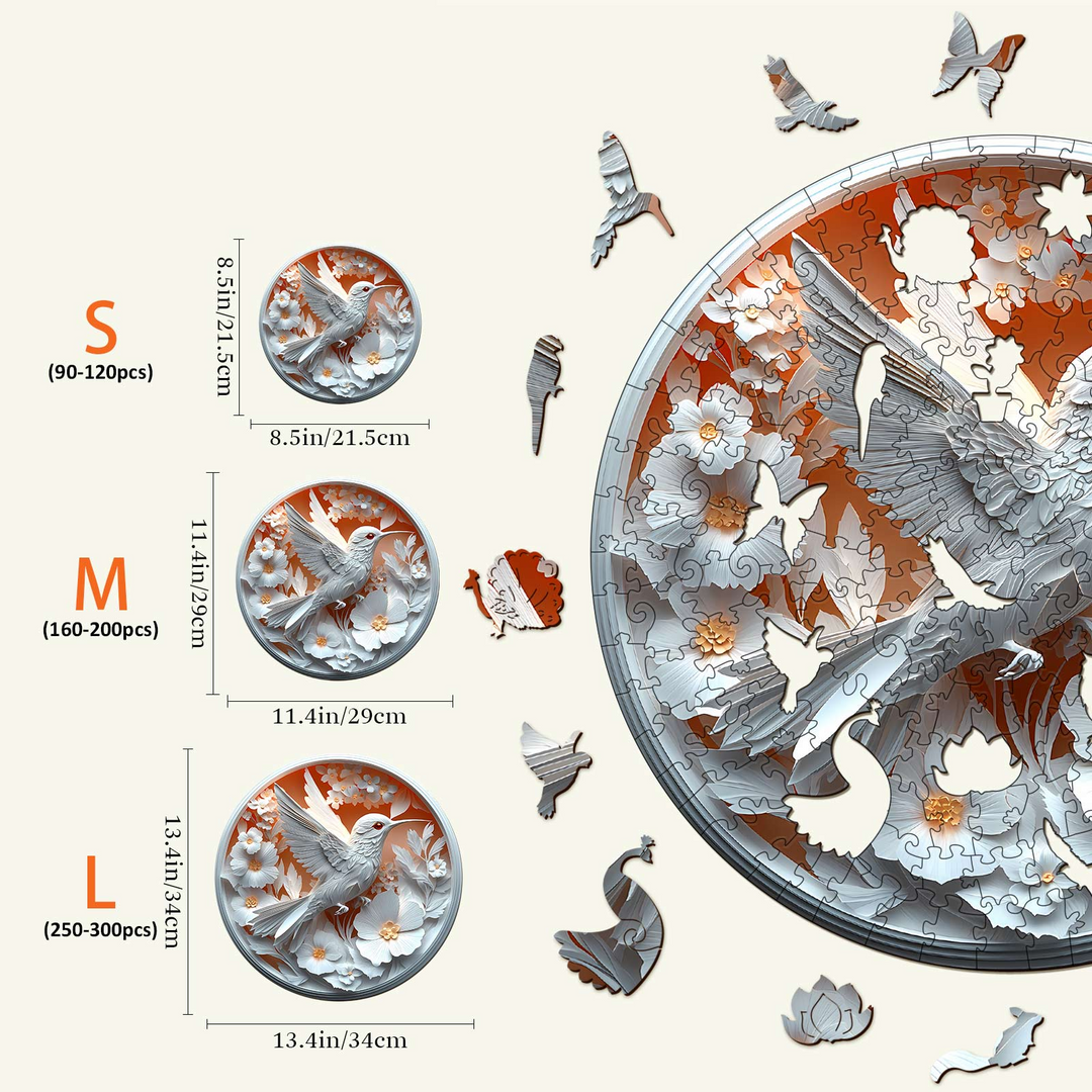 3D Paper Hummingbird Wooden Jigsaw Puzzle sizes S, M, L for kids and adults with colorful bird and flower designs.