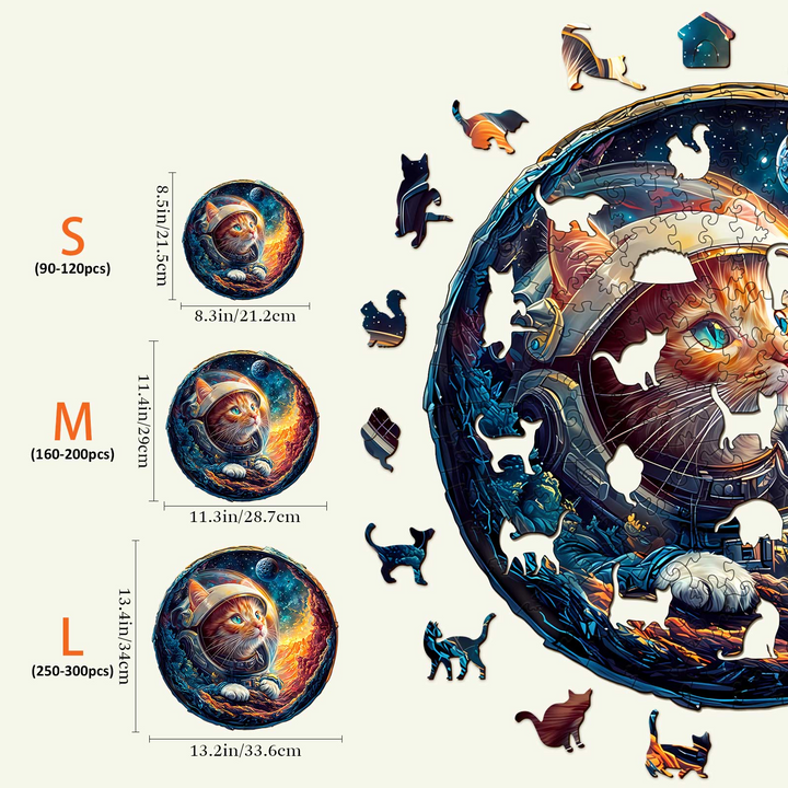 3D Space Cat Wooden Jigsaw Puzzle size guide showing dimensions for kids, small, medium, and large puzzles.
