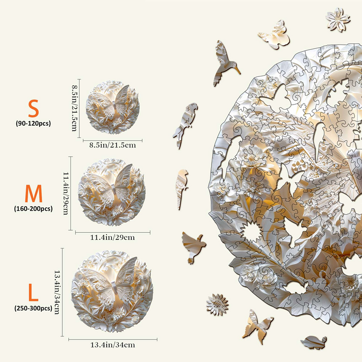 3D Paper Butterfly Wooden Jigsaw Puzzle sizes comparison for Kids, S, M, and L, showcasing difficulty and piece count.