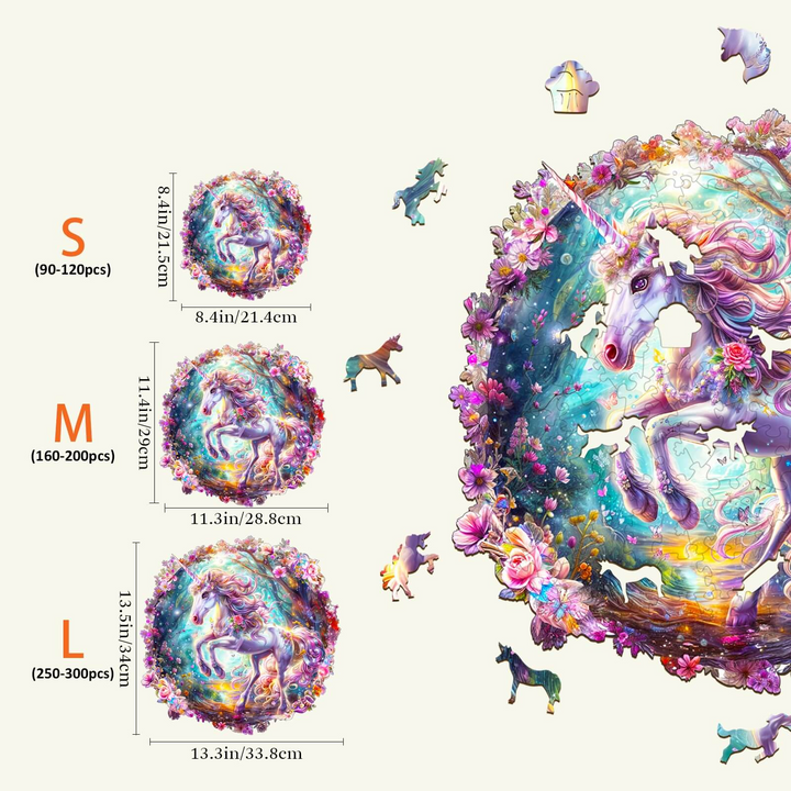 Elf Pony wooden jigsaw puzzle size guide showing dimensions for kids and three puzzle size options.