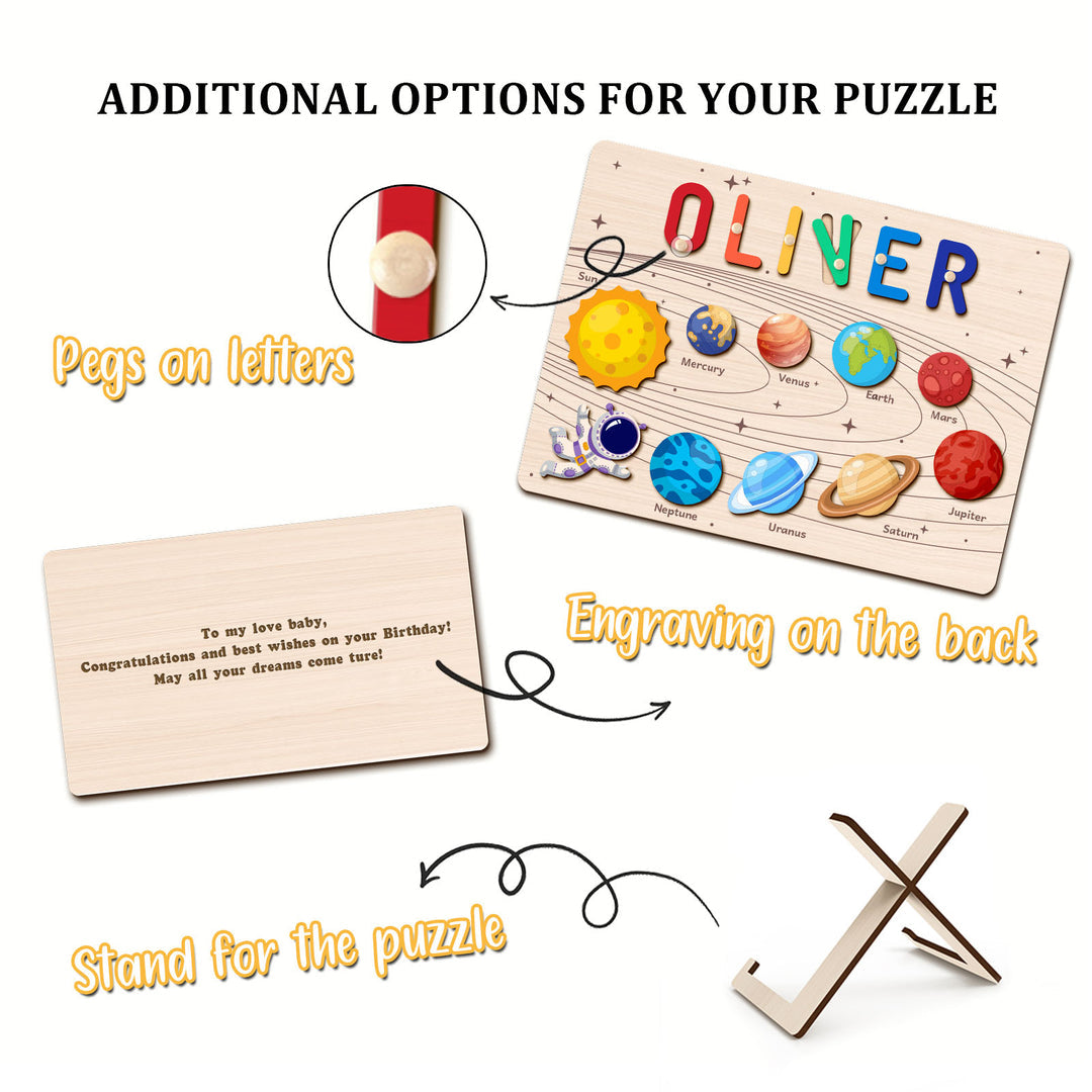 Personalized Planet Name Puzzle options with name pegs, engraving, and wooden stand for kids' learning and fun.