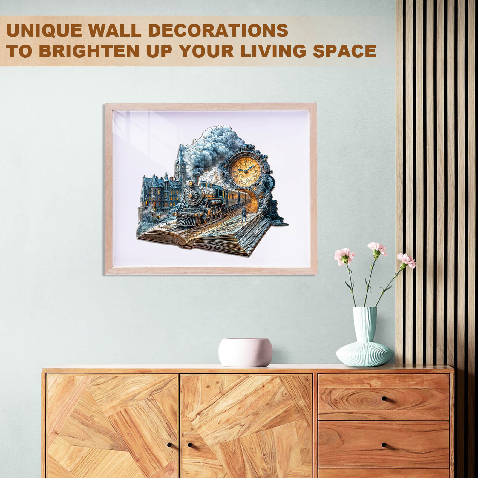 Framed Chrono Train artwork on wall, enhancing living space with unique decor featuring a train and clock design.
