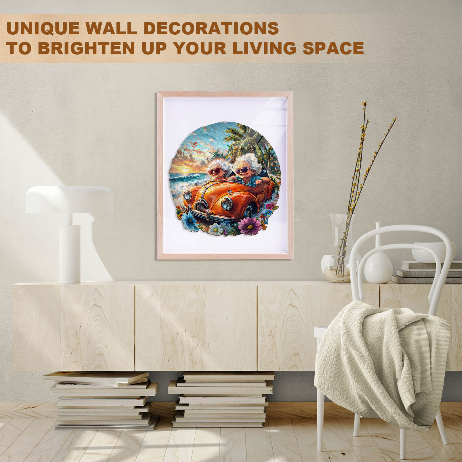 Bright and colorful wall art featuring children in a vintage car, enhancing home decor and living space.