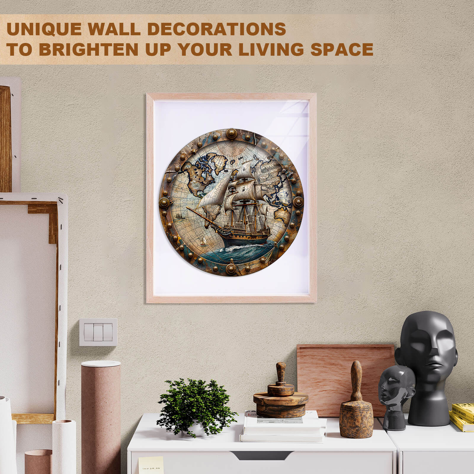 Unique wall decoration featuring a ship artwork to enhance and brighten your living space.