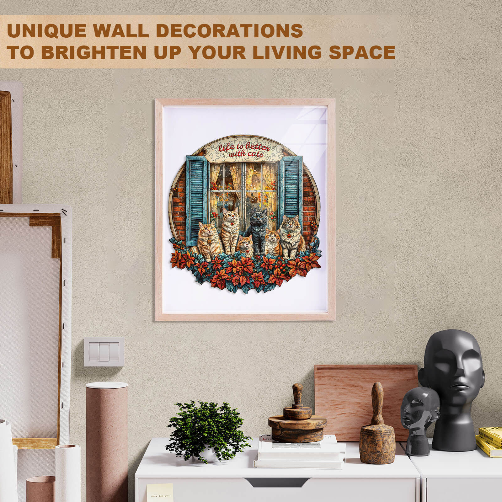 Serenade of Cats puzzle as unique wall decoration, featuring kittens by a window, enhancing living space charm.