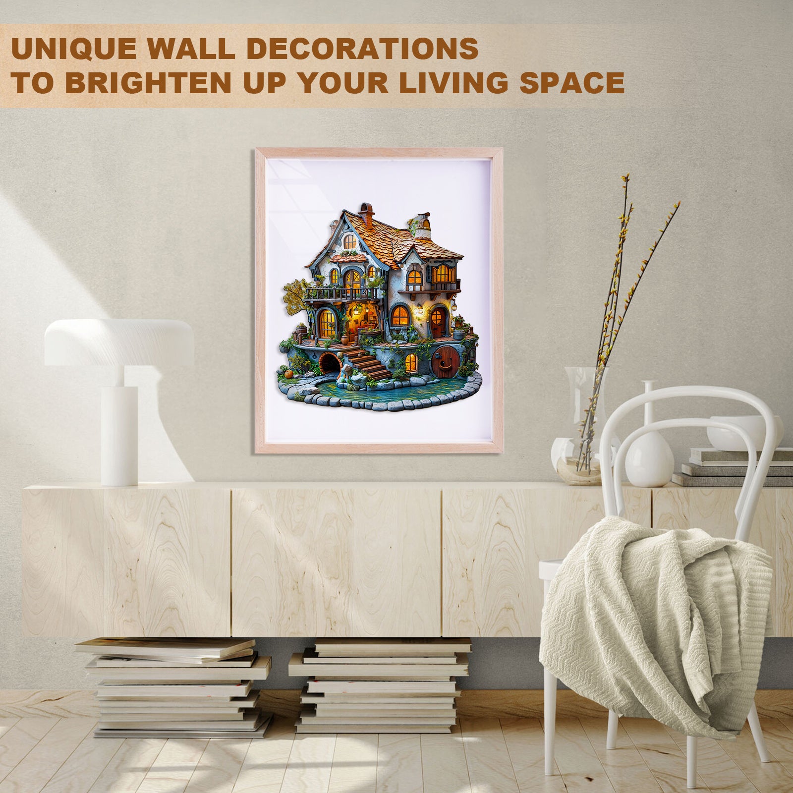 3D Glow Cottage wooden jigsaw puzzle displayed in a cozy living room, showcasing unique wall decorations.