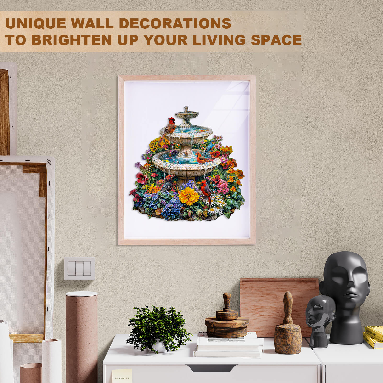 Colorful Garden Melody puzzle artwork as unique wall decoration in a bright living space.