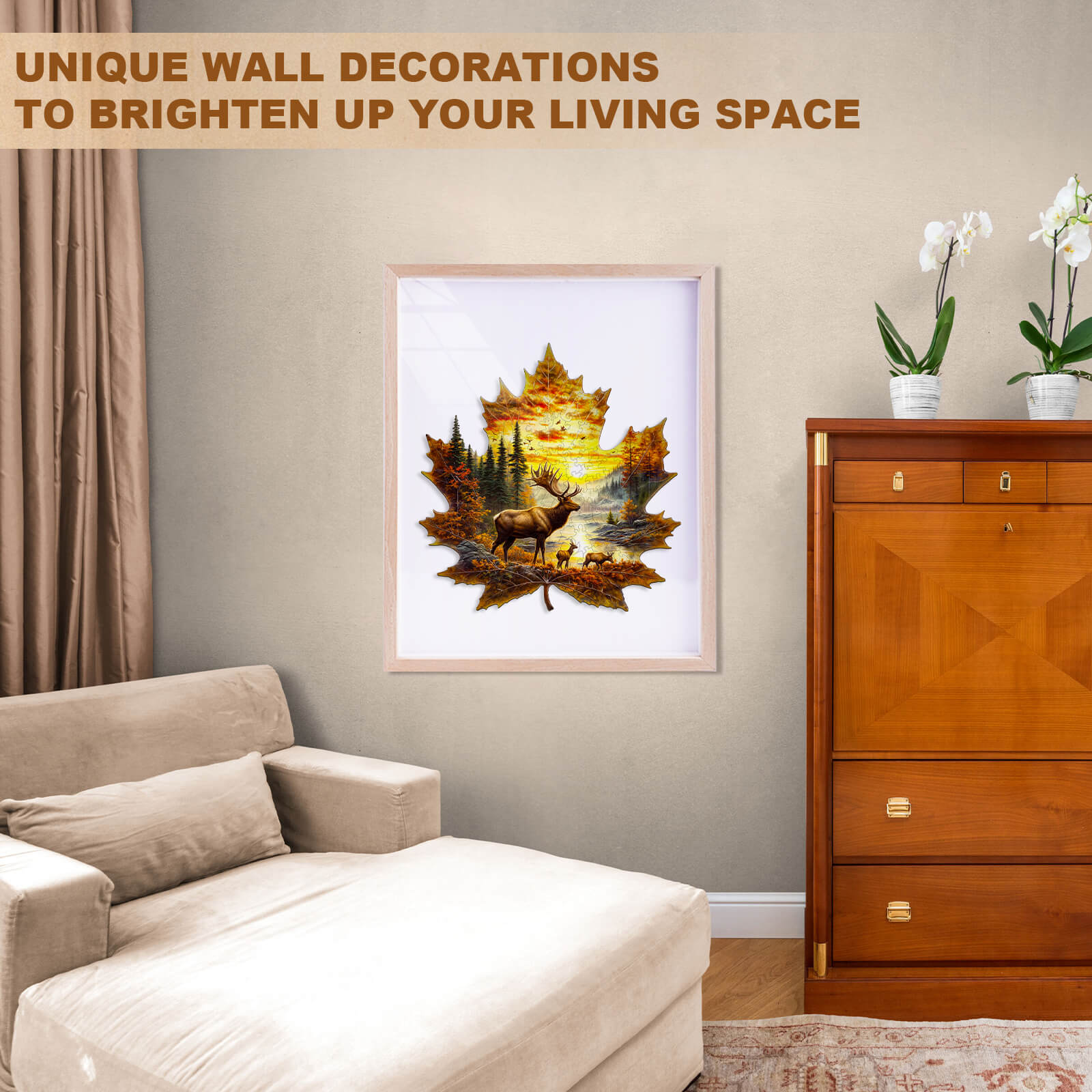 Elk and maple leaves Wooden Jigsaw Puzzle