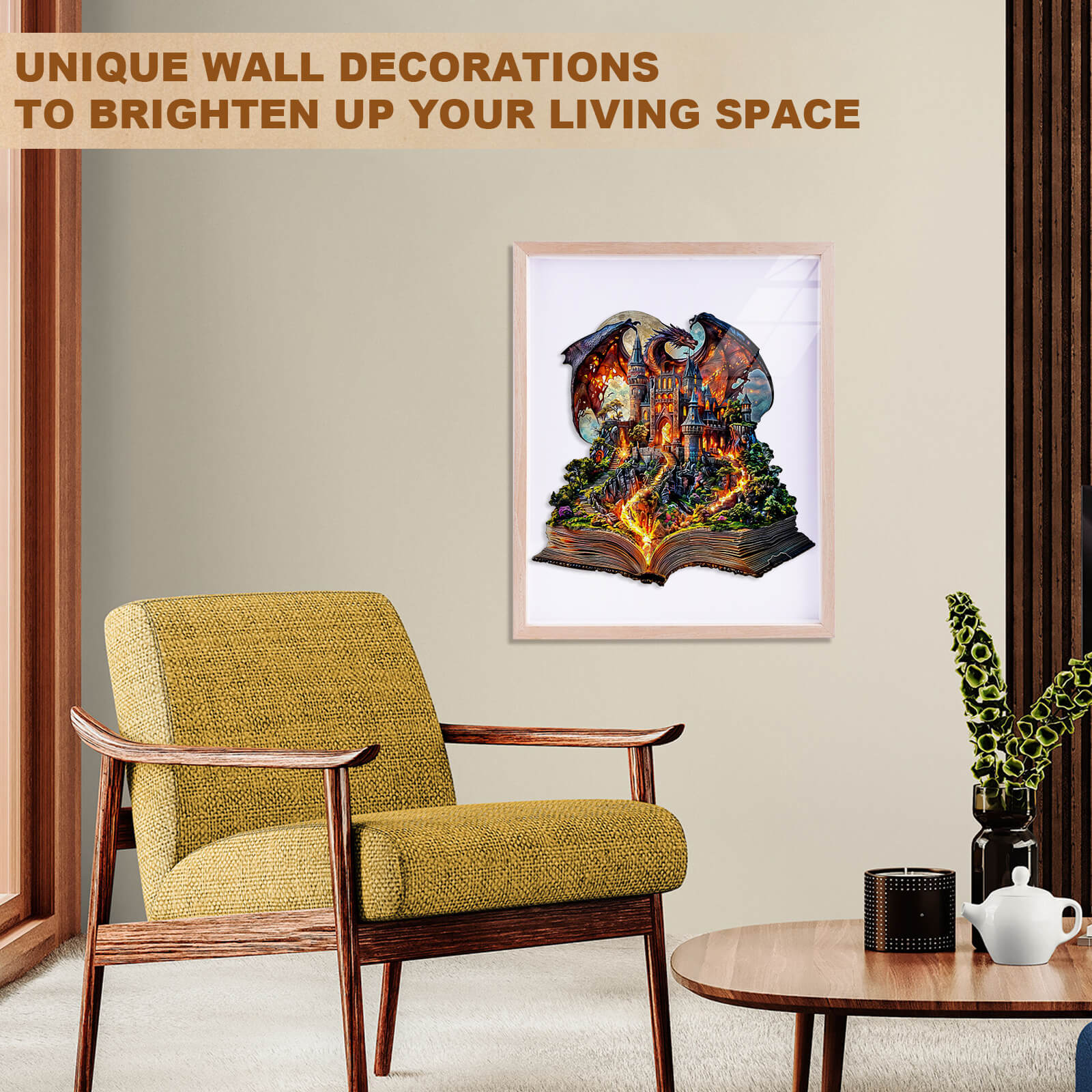 Unique wall decoration featuring a colorful illustration of a mystical scene in a cozy living space.