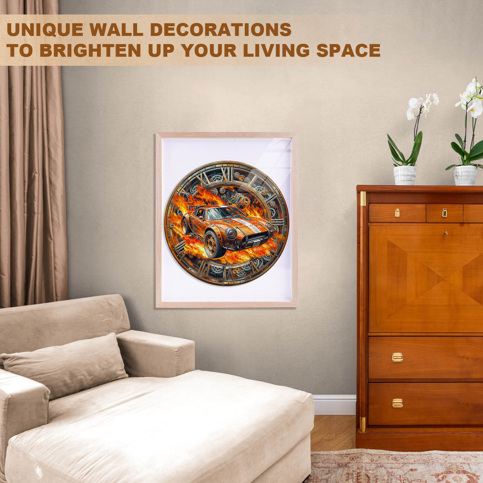 A stylish living room featuring unique wall decorations with a car-themed artwork and a cozy sofa.