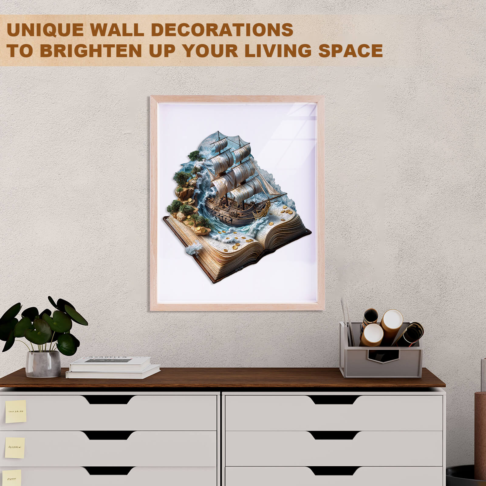 Wall art featuring a ship emerging from an open book, perfect for unique home decor.