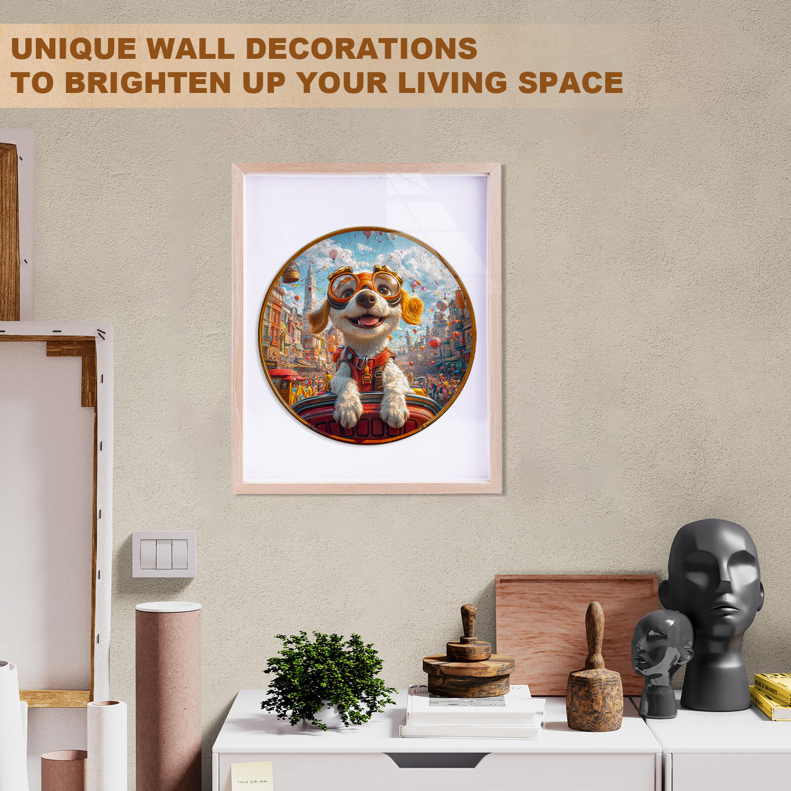 Colorful dog-themed wall art in a modern living space, adding charm and character to home décor.