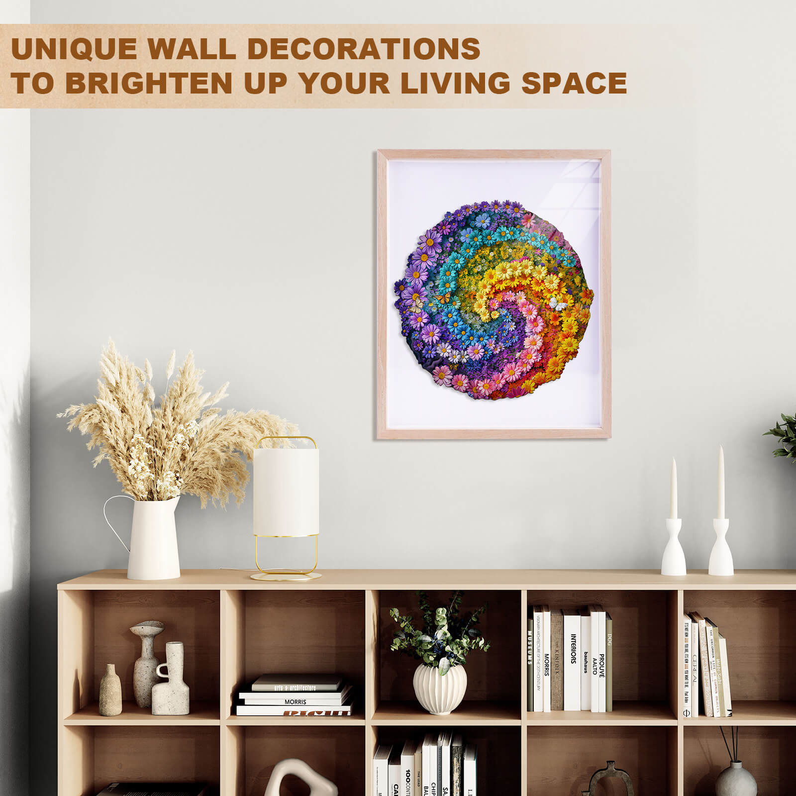 Vibrant spiral flower art print in a stylish living room setting, enhancing the decor of the space.