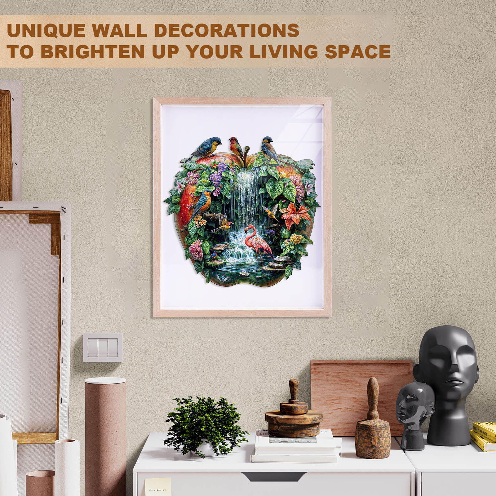 Vibrant wall art featuring a tropical landscape with birds and a waterfall, enhancing your living space decor.