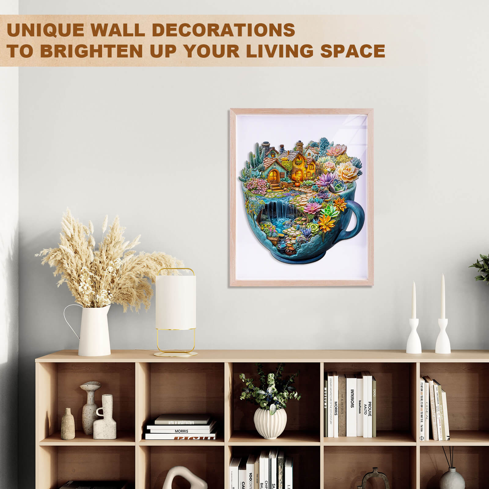 Colorful succulent mug wooden jigsaw puzzle displayed in a stylish living room with decorative accents.