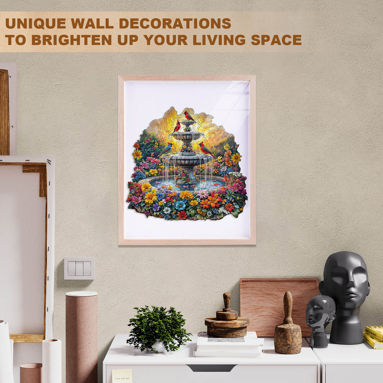 Colorful wall art featuring a fountain surrounded by flowers, perfect for brightening living spaces.