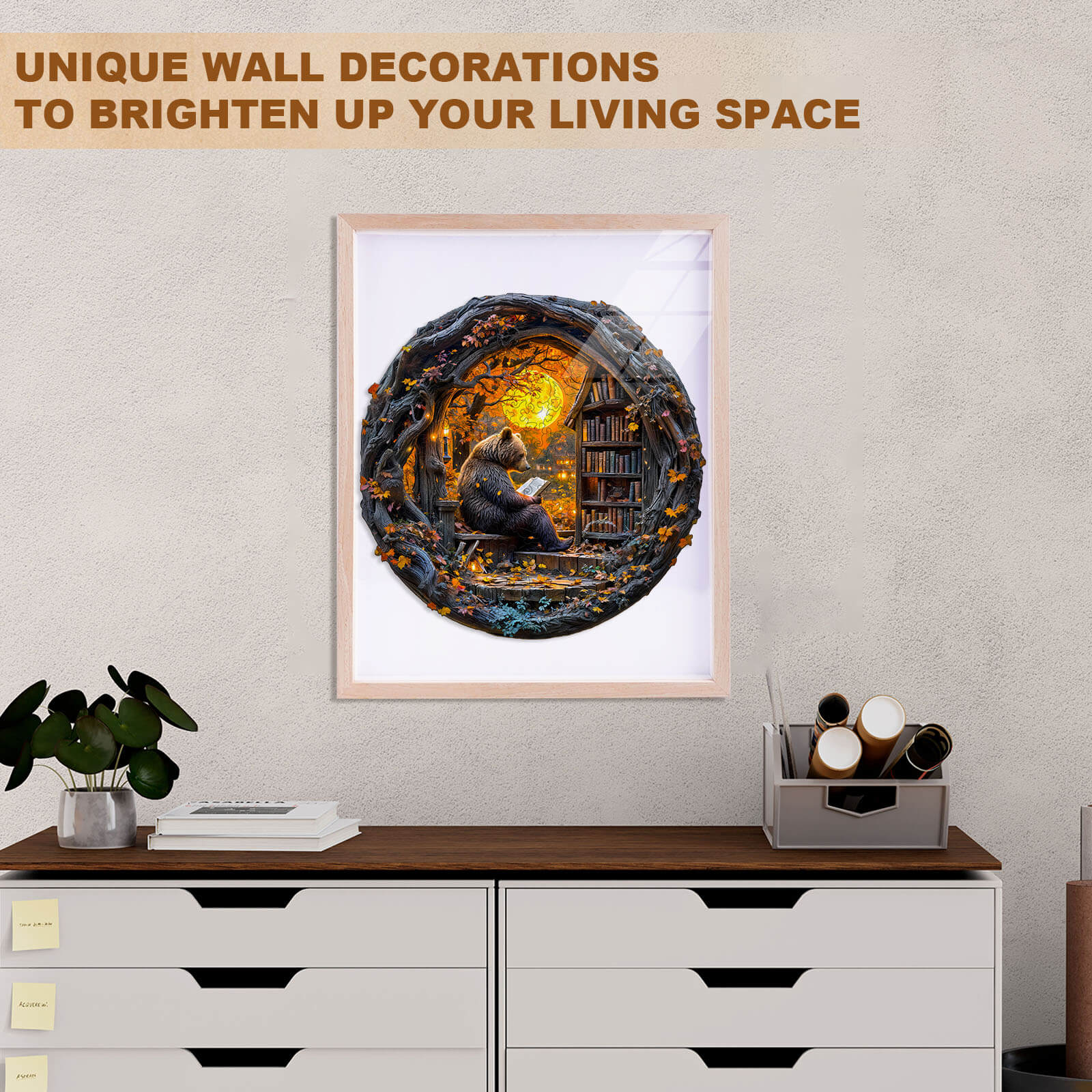 Framed wall art featuring a cozy reading scene and unique decorations to enhance your living space.