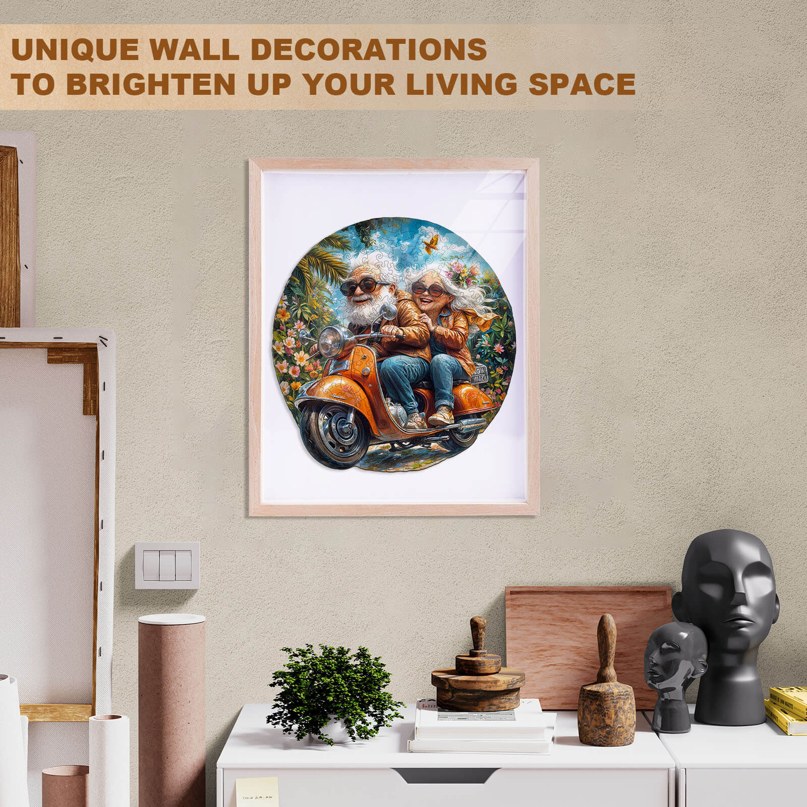 Wooden jigsaw puzzle of a motorcycle granny pair, vibrant decor for enhancing living space, promotes focus and fun.