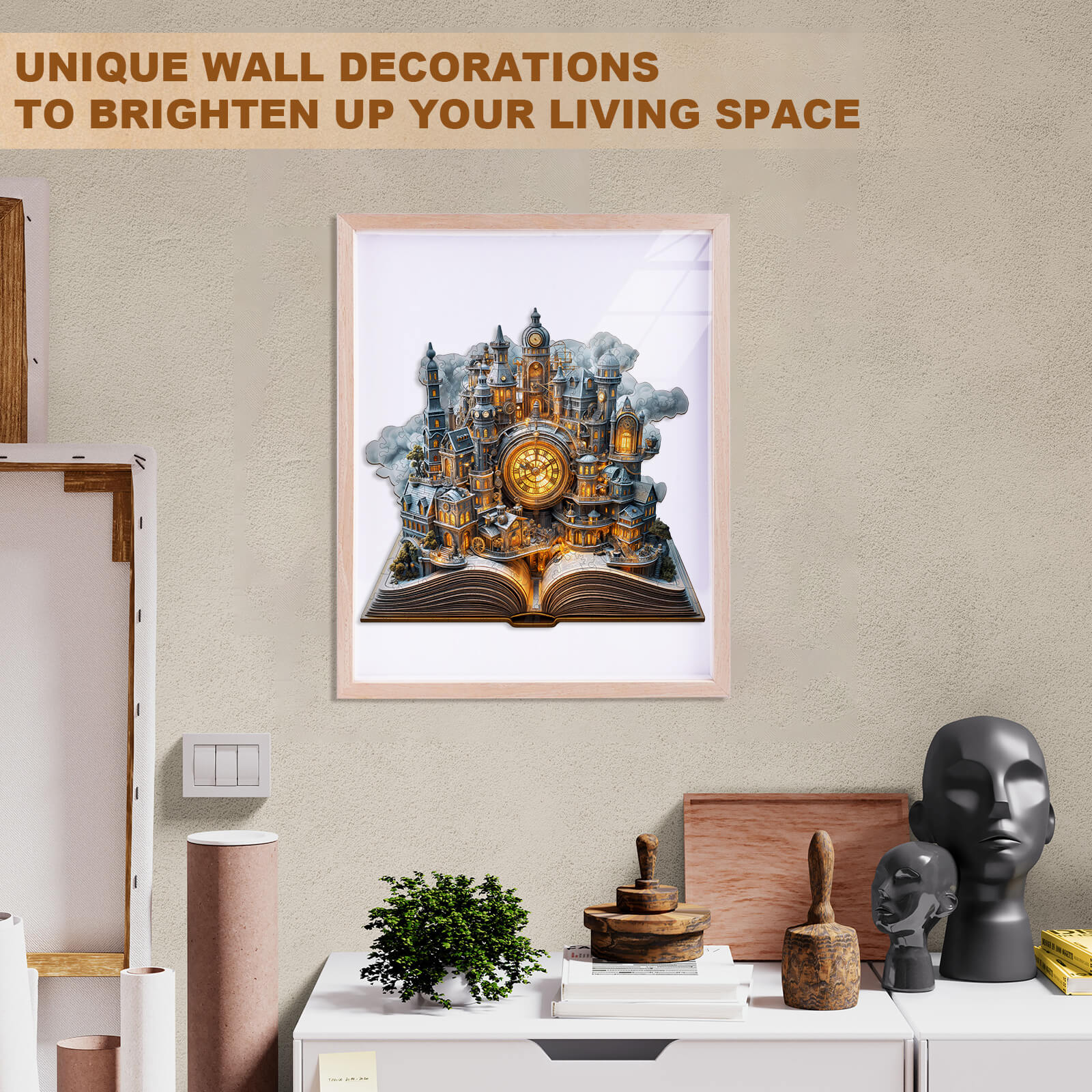 Unique wooden jigsaw puzzle artwork featuring Clockwork City for brightening living spaces.