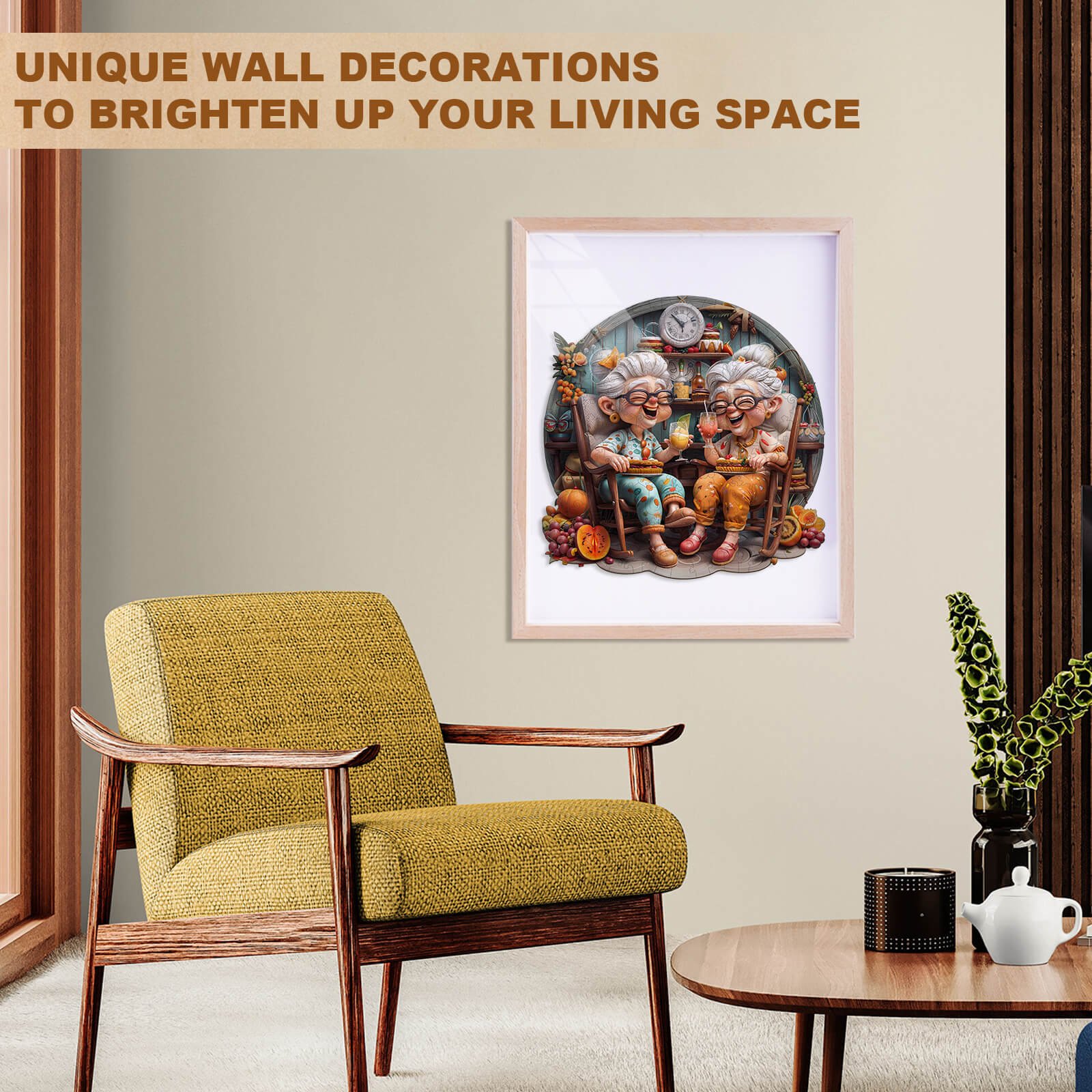 Colorful Grandma's Party wooden jigsaw puzzle framed as unique wall decoration in a cozy living room setting.