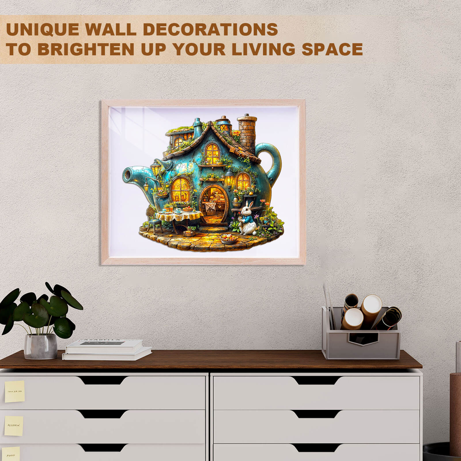 Colorful wooden jigsaw puzzle of a whimsical rabbit's teapot, perfect for unique wall decor.
