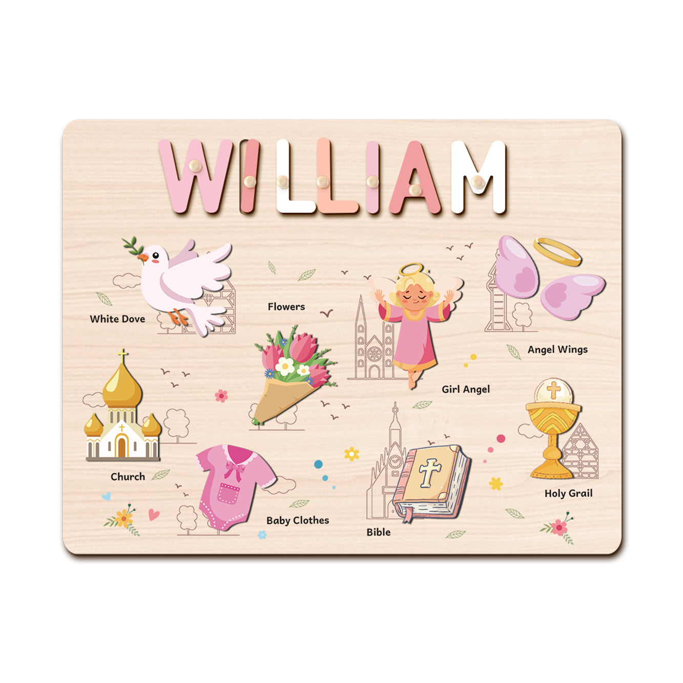 Personalized Wooden Name Puzzle - Baptism Girl Set for Toddlers